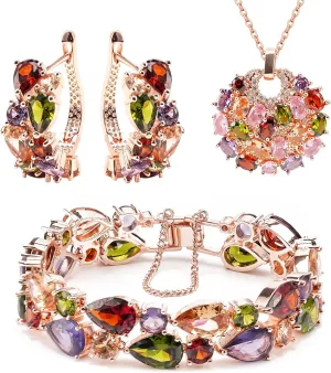 Gemstone Bracelets for Women, Dual Layer 7.5 Inch Garnet Bracelets with Necklace and Earrings, Amethyst Bracelet with White Topaz, Citrine, Peridot, Pink Topaz, Wedding Party Jewelry Sets for Mom Wife