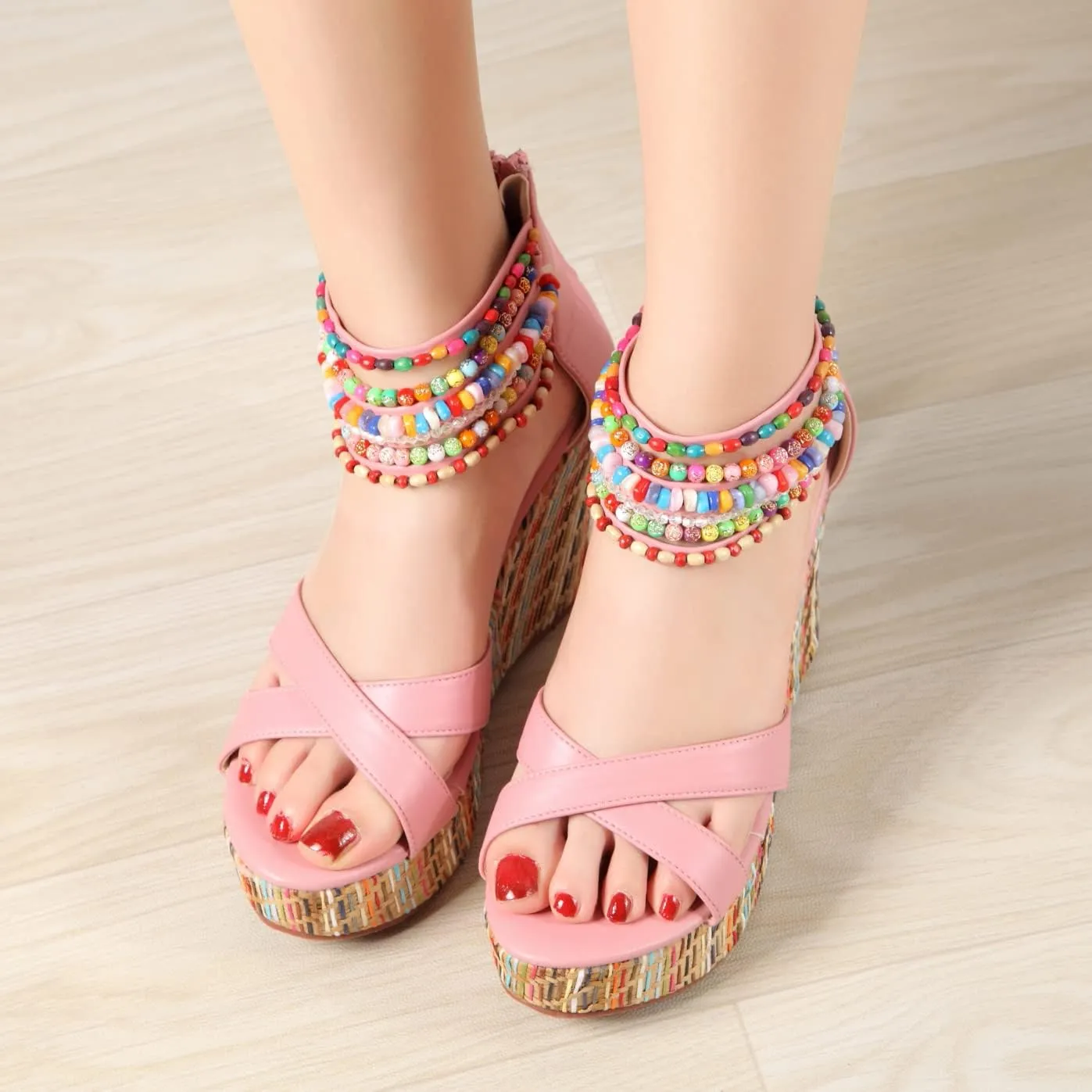 getmorebeauty Women's Wedge Sandals With Pearls Across The Top Platform Sandals High Heels