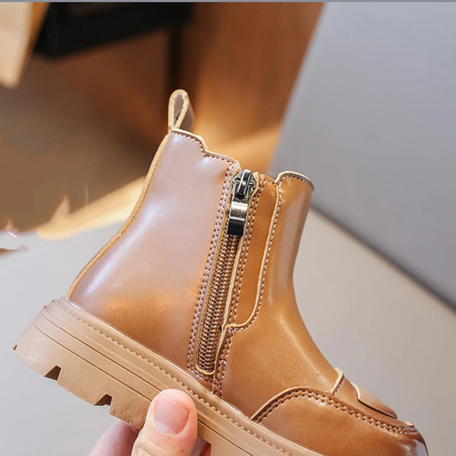 Girl Boots Kids Ankle Boots Chunky Low Heel Booties Western Walking Shoes Combat Ankle Work Boots with Zipper