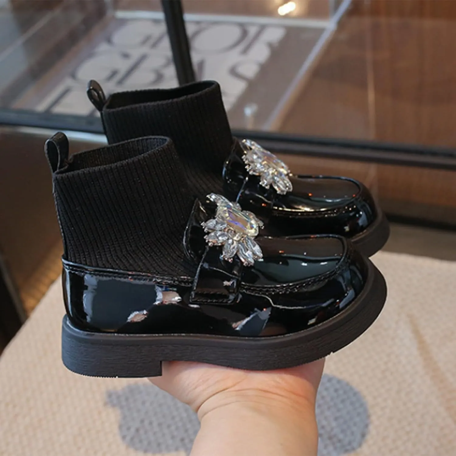 Girls hinestone Mary Jane Boot Jewelry Decoration rystal Sock Shoes Wedding Pary Soft Leather Dress Shoes