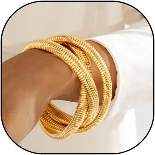 Gold Bangles for Women Chunky Bracelets Gold Plated 3-Layered Wide Ribbed Design Bangle Jewelry