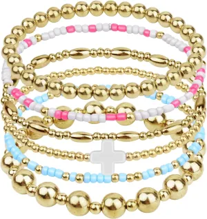 Gold Beaded Bracelets for Women: 14K Gold Bracelets for Women Trendy Dainty Gold Ball Bracelet Stack for Womens - Boho Stretch Bracelets Jewelry Sets with Cross Fashion Accessories Gifts for Women