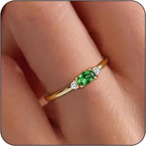 Gold Birthstone Rings for Women Mother Dainty Stackable Gold Rings Non Tarnish Thumb 14k Gold Plated CZ Emerald Green Gemstone Ring Jewelry Birthday Gift for Mom Daughter Band Size 6-11