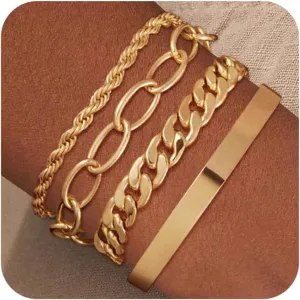 Gold Bracelets for Women, 14K Gold Plated Chunky Stackable Bracelet Set, Dainty Paperclip Chain Cuban Link Layered Non Tarnish Trendy Gold Bracelets Stack for Women