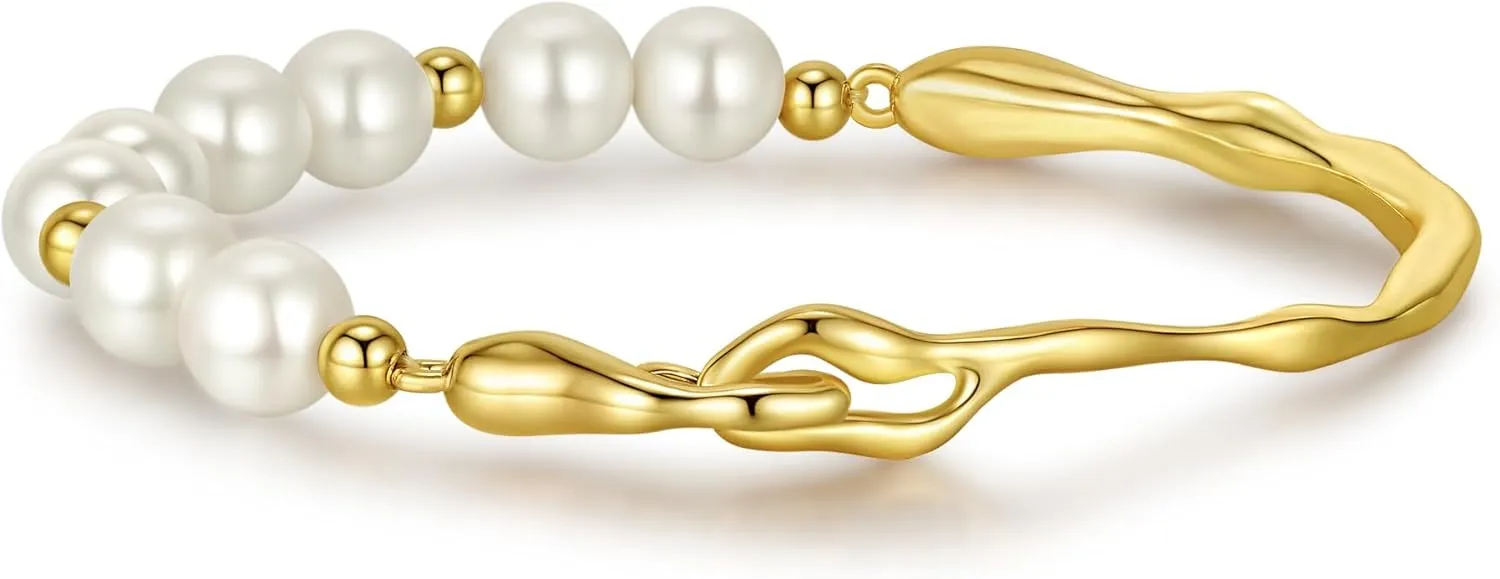 Gold Bracelets for Women Pearl Beaded Charm Bracelet 14K Gold Plated Bangles Dainty Jewelry Gifts
