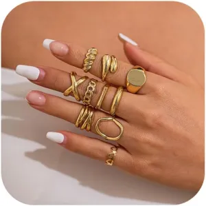 Gold Chunky Rings Set for Women 14K Stackable Dome Statement Rings Vintage Dainty Knuckle Open Midi Finger Rings Gold Jewelry Prom Costume Accessories Set of 4-10
