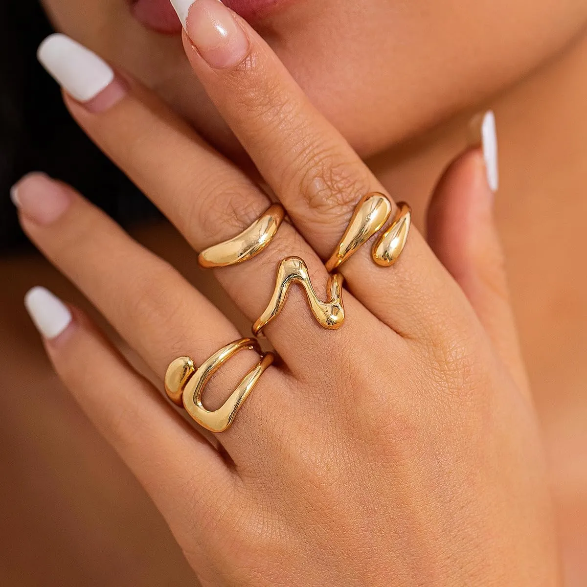 Gold Chunky Rings Set for Women 14K Stackable Dome Statement Rings Vintage Dainty Knuckle Open Midi Finger Rings Gold Jewelry Prom Costume Accessories Set of 4-10