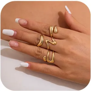 Gold Chunky Rings Set for Women 14K Stackable Dome Statement Rings Vintage Dainty Knuckle Open Midi Finger Rings Gold Jewelry Prom Costume Accessories Set of 4-10