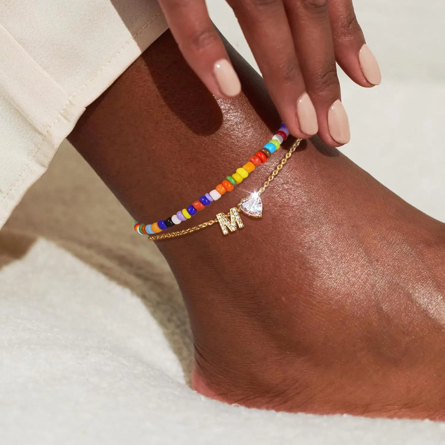 Gold Initial Ankle Bracelets for Women Waterproof 14K Gold Plated Filled Layered Bead Anklets for Women Dainty Layered Letter Heart Ankle Adjustable Foot Chain Anklet Summer Beach Jewelry