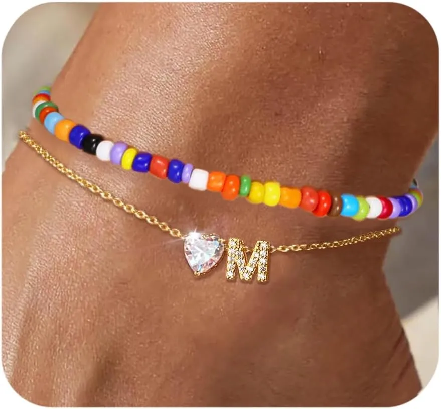 Gold Initial Ankle Bracelets for Women Waterproof 14K Gold Plated Filled Layered Bead Anklets for Women Dainty Layered Letter Heart Ankle Adjustable Foot Chain Anklet Summer Beach Jewelry