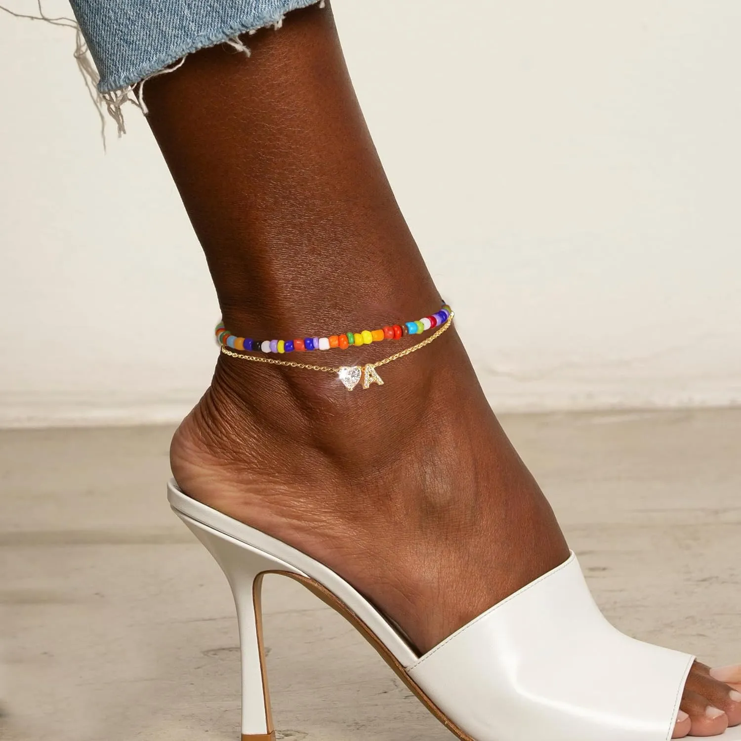 Gold Initial Ankle Bracelets for Women Waterproof 14K Gold Plated Filled Layered Bead Anklets for Women Dainty Layered Letter Heart Ankle Adjustable Foot Chain Anklet Summer Beach Jewelry