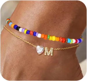 Gold Initial Ankle Bracelets for Women Waterproof 14K Gold Plated Filled Layered Bead Anklets for Women Dainty Layered Letter Heart Ankle Adjustable Foot Chain Anklet Summer Beach Jewelry
