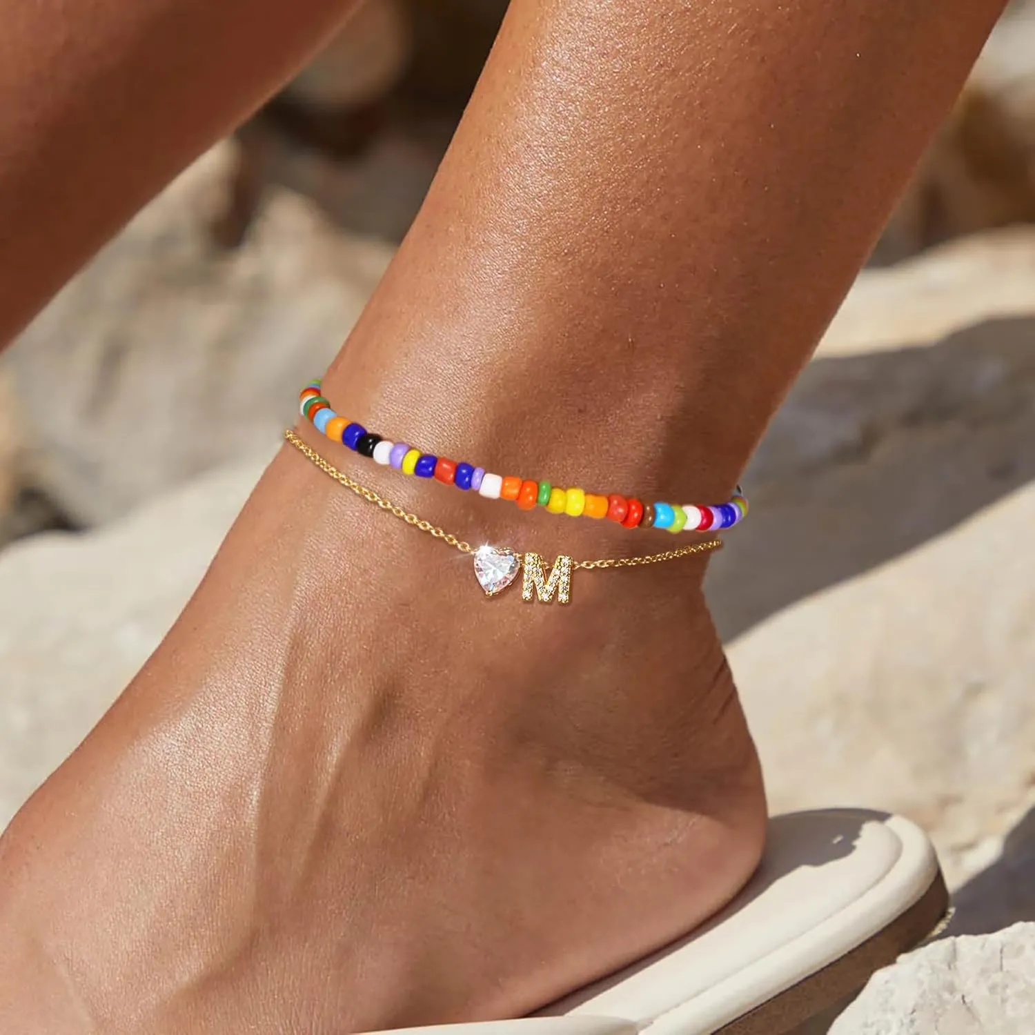 Gold Initial Ankle Bracelets for Women Waterproof 14K Gold Plated Filled Layered Bead Anklets for Women Dainty Layered Letter Heart Ankle Adjustable Foot Chain Anklet Summer Beach Jewelry