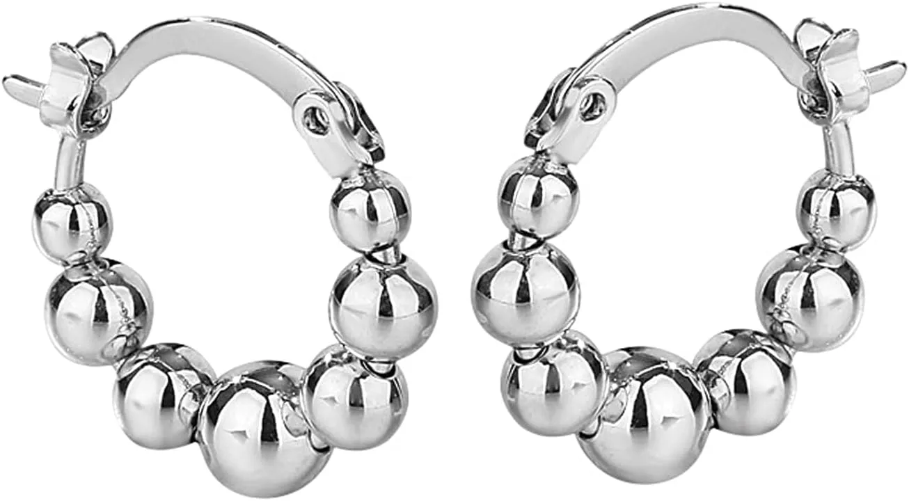 Gold Plated Beaded Hoop Dangle Earrings for Women,Lightweight Silver Chunky Metal Round Ball Huggie Hoop Earrings,Simple Statement Jewelry Gifts