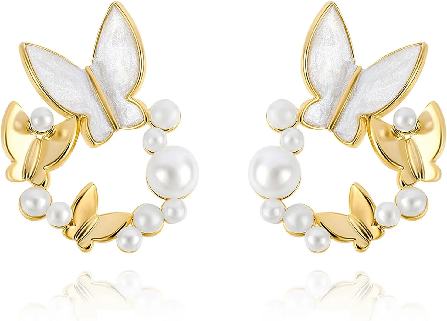 Gold Plated Butterfly Hoop Earrings with Pearl - Dainty Dangle Beaded Hoop Earrings for Women - Spring/Summer Beach Party Jewelry Gift
