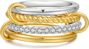 Gold Stackable Rings for Women Non Tarnish, Dainty 14K Gold Plated Stacking Rings with CZ Cubic Zirconia, Mixed Metal Multi Ring Stacks Interlocked Ring Jewelry Gift (Size:7-8)