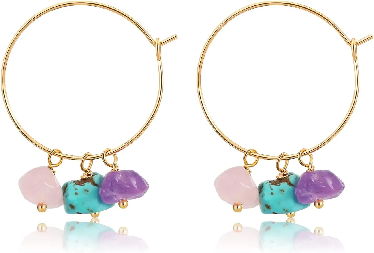 Gold Thin Hoop Earrings for Women,18K Gold Plated Dainty Minimalist Simple Ear Hoops with Dangle Pearl/Starfish/Raw Natural Crystal Amethyst Rose Quartz Turquoise Stone Charms