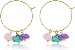 Gold Thin Hoop Earrings for Women,18K Gold Plated Dainty Minimalist Simple Ear Hoops with Dangle Pearl/Starfish/Raw Natural Crystal Amethyst Rose Quartz Turquoise Stone Charms