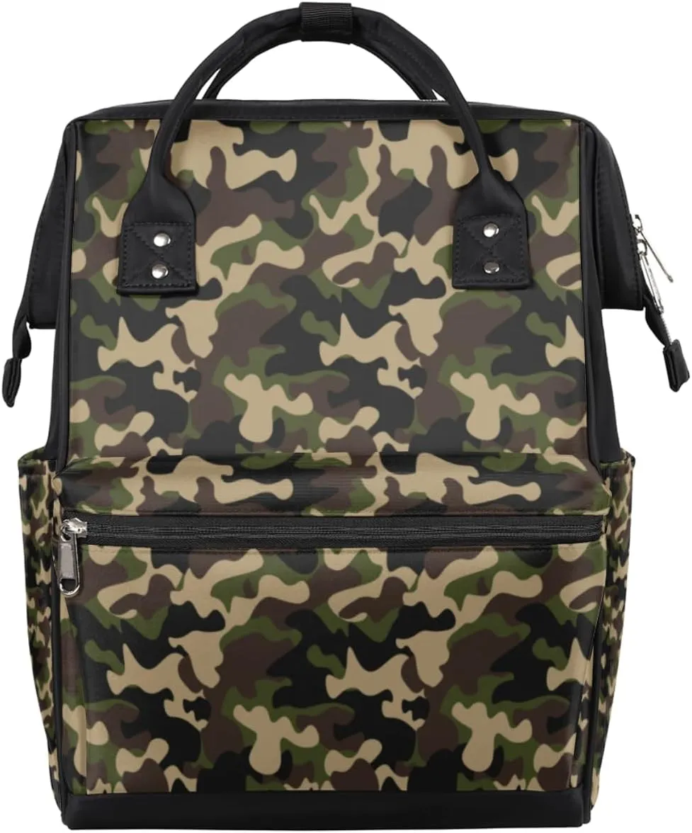 Green Brown Camouflage Diaper Bag Tote Large Capacity Waterproof with Adjustable Shoulder Strap and Pram Straps Mommy Bag for Hospital Beach Weekender Travel