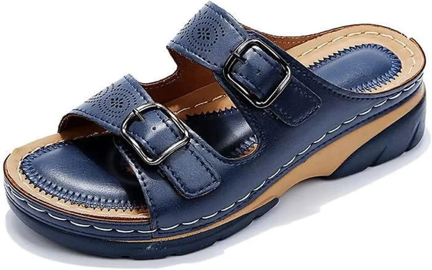 Haraketlt 2023 New Women Leather Sandals with Arch Support, Summer Breathable Adjustable Slip On Sandals Orthopedic Diabetic Wedge, Comfortable Casual Anti-Slip Open Toe Walking Beach Slippers Shoes