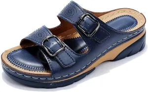 Haraketlt 2023 New Women Leather Sandals with Arch Support, Summer Breathable Adjustable Slip On Sandals Orthopedic Diabetic Wedge, Comfortable Casual Anti-Slip Open Toe Walking Beach Slippers Shoes