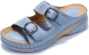 Haraketlt 2023 New Women Leather Sandals with Arch Support, Summer Breathable Adjustable Slip On Sandals Orthopedic Diabetic Wedge, Comfortable Casual Anti-Slip Open Toe Walking Beach Slippers Shoes