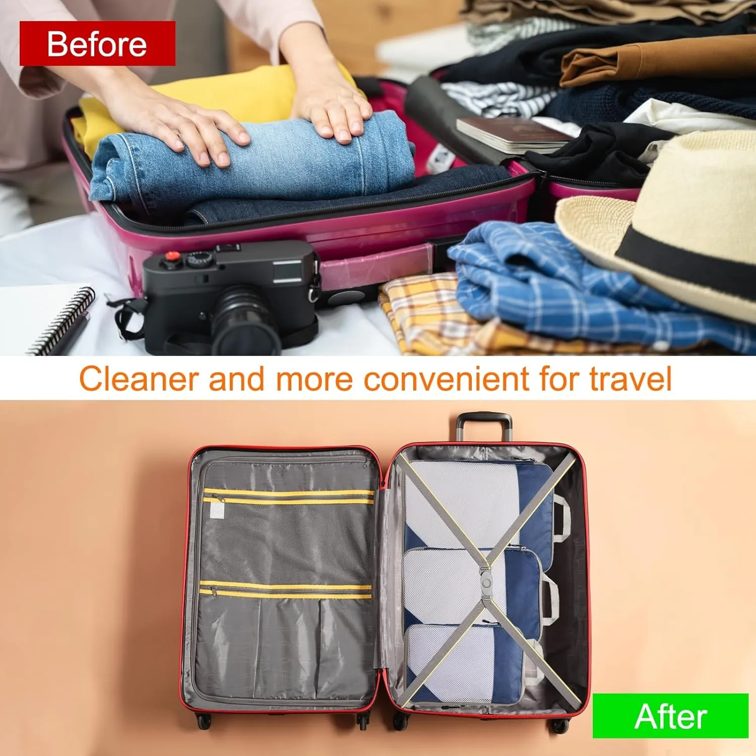 HARFINGTON 3pcs Compression Packing Cube for Suitcases Lightweight Luggage Organizers Bag Travel Essentials Compression Bags for Carry on Suitcases, Navy Blue