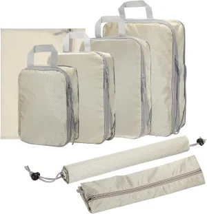 HARFINGTON 7pcs Compression Packing Cube for Suitcases Lightweight Luggage Organizers Bag Expandable Storage Travel Essentials Compression Bags for Carry on Suitcases, Beige