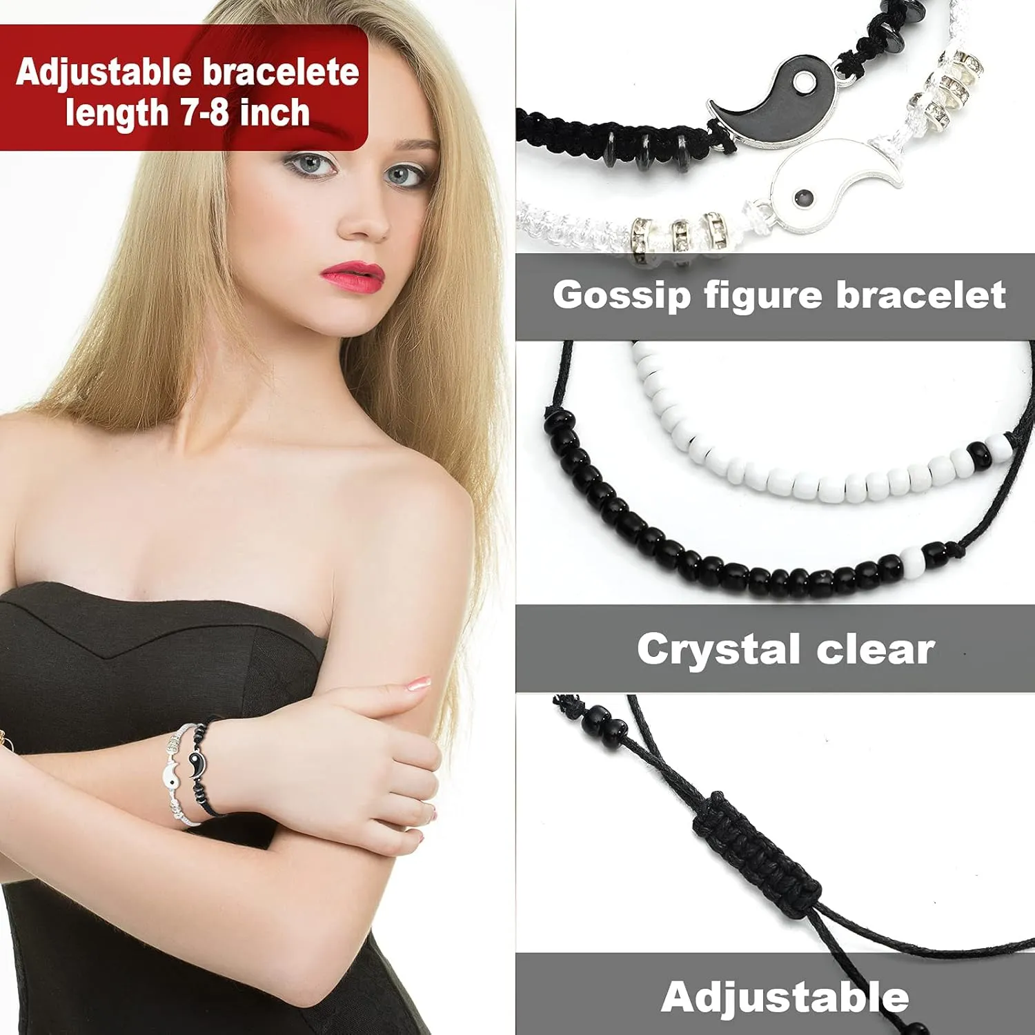 Hicarer 4 Sets Matching Yin Yang Friend Couple Bracelets Pinky Promise Bracelets Sun and Moon Bead Heart Bracelet for BFF Friendship Relationship