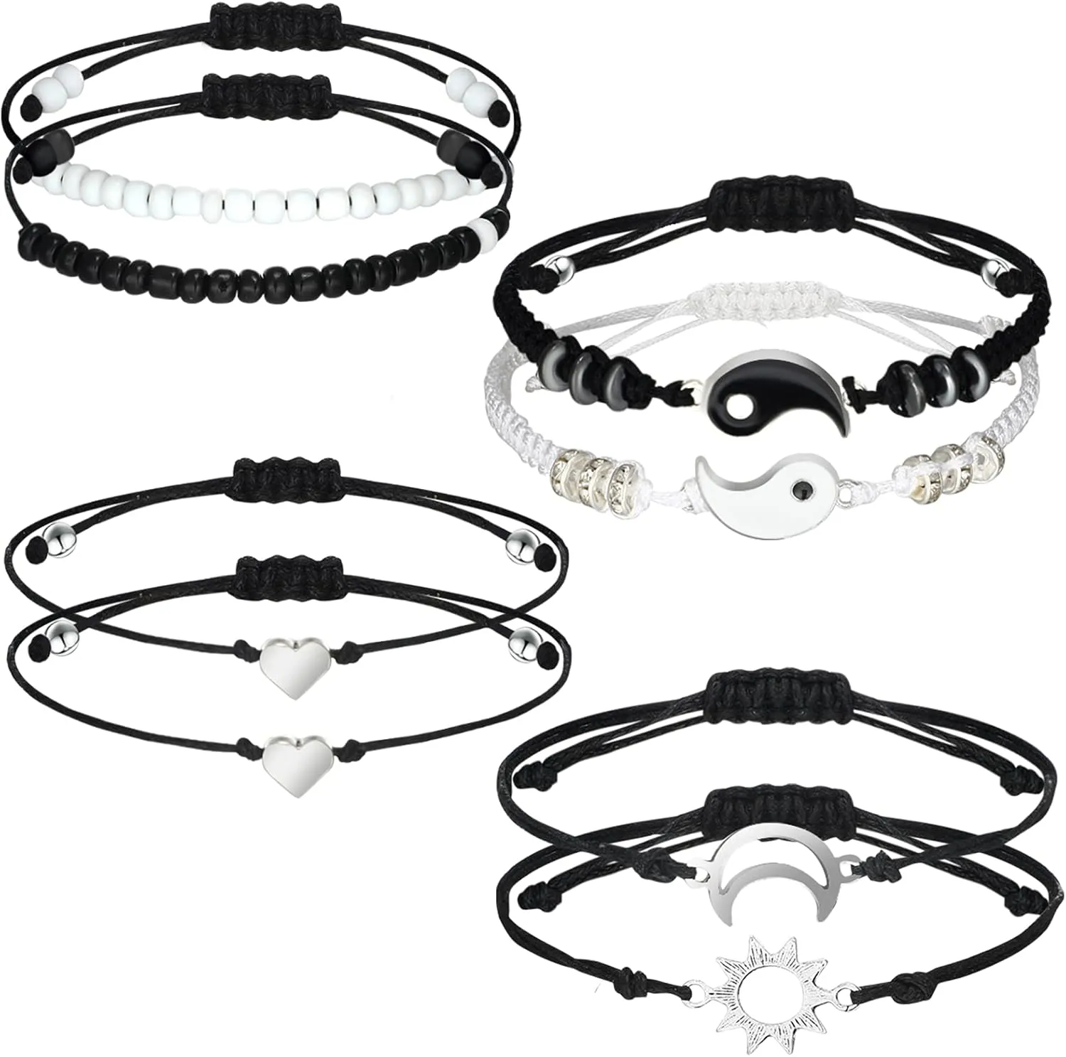 Hicarer 4 Sets Matching Yin Yang Friend Couple Bracelets Pinky Promise Bracelets Sun and Moon Bead Heart Bracelet for BFF Friendship Relationship