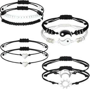 Hicarer 4 Sets Matching Yin Yang Friend Couple Bracelets Pinky Promise Bracelets Sun and Moon Bead Heart Bracelet for BFF Friendship Relationship