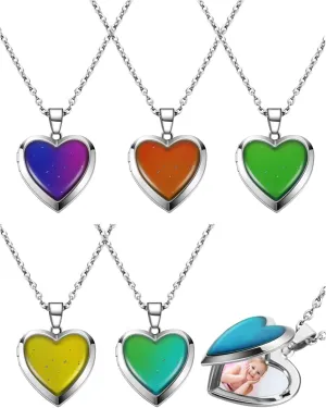 Hicarer Heart Mood Locket Necklace for Girls Kids Locket Color Changing Necklace Stainless Steel Temperature Sensing Mood Heart Shape Photo Pendant Birthday Valentines Gift