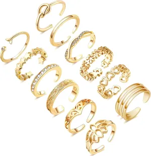 Honsny 12PCS 14K Gold/Silver Plated Toe Rings for Women Adjustable Band Rings Open Flower CZ Toe Ring Set Beach Foot Jewelry