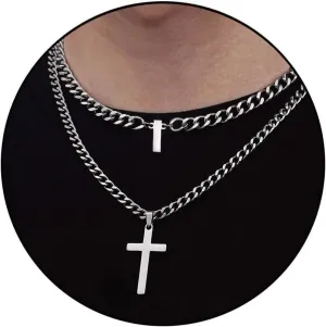Honsny Layered Cross Initial Necklace for Men, Silver Stainless Steel Mens Cross Pendant Necklaces Letter A-Z Cuban Link Chain Necklace for Men 16/18 2 Inches Jewelry Gift