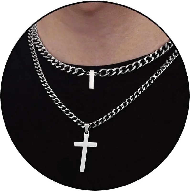 Honsny Layered Cross Initial Necklace for Men, Silver Stainless Steel Mens Cross Pendant Necklaces Letter A-Z Cuban Link Chain Necklace for Men 16/18 2 Inches Jewelry Gift