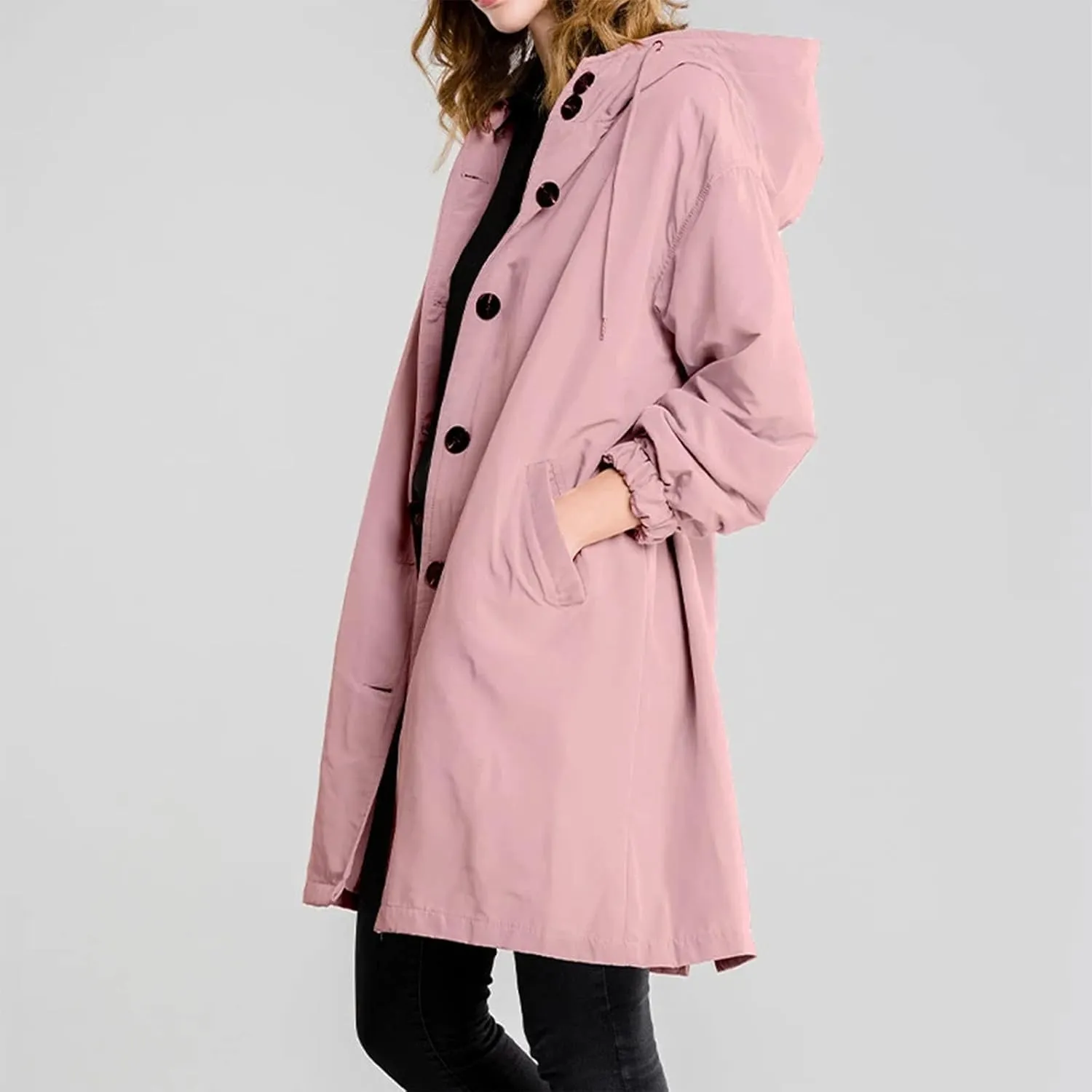 Hooded Trench Coat Women Waterproof Long Rain Jacket Button Up Hooded Windbreaker Lightweight Raincoats,Pockets