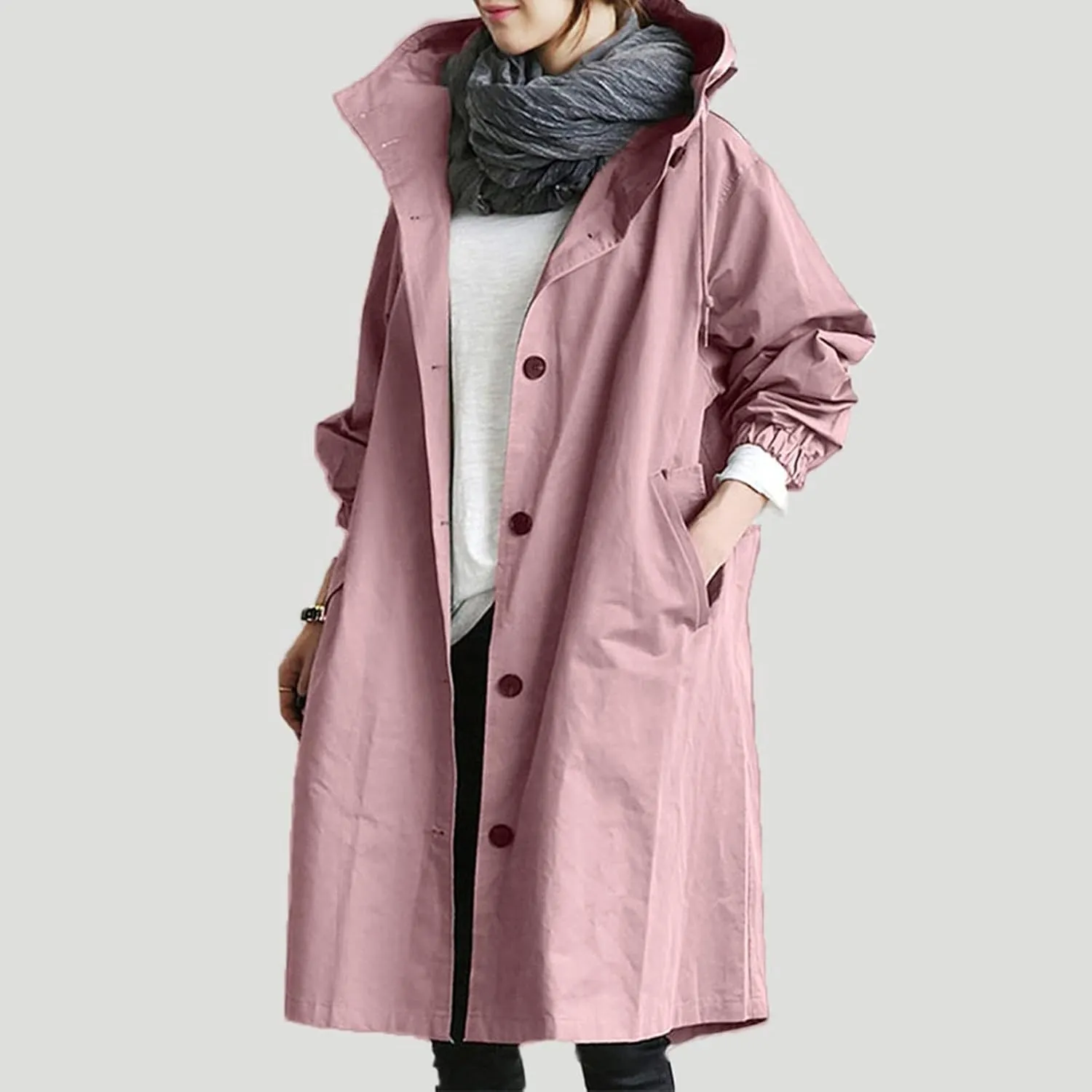 Hooded Trench Coat Women Waterproof Long Rain Jacket Button Up Hooded Windbreaker Lightweight Raincoats,Pockets