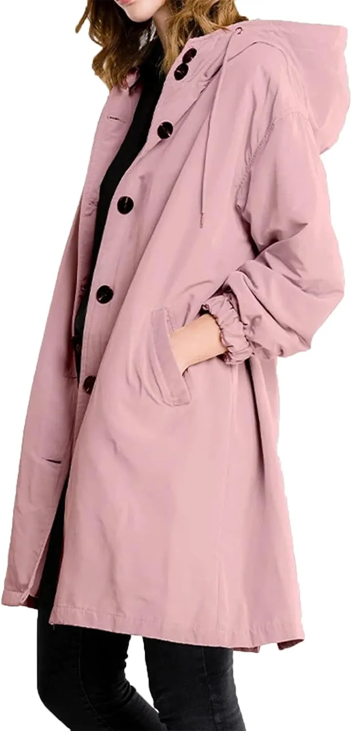 Hooded Trench Coat Women Waterproof Long Rain Jacket Button Up Hooded Windbreaker Lightweight Raincoats,Pockets