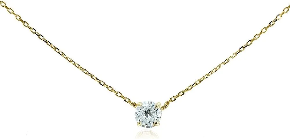 Hoops & Loops 925 Sterling Silver Cubic Zirconia Solitaire Tiny Choker Necklace for Women, Silver, Yellow Gold, Rose Gold