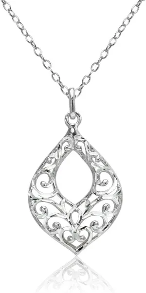 Hoops & Loops 925 Sterling Silver Diamond-cut Filigree Open Teardrop Necklace for Women, Silver, Black, Yellow & Rose Gold
