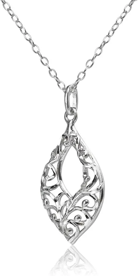 Hoops & Loops 925 Sterling Silver Diamond-cut Filigree Open Teardrop Necklace for Women, Silver, Black, Yellow & Rose Gold