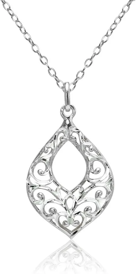Hoops & Loops 925 Sterling Silver Diamond-cut Filigree Open Teardrop Necklace for Women, Silver, Black, Yellow & Rose Gold