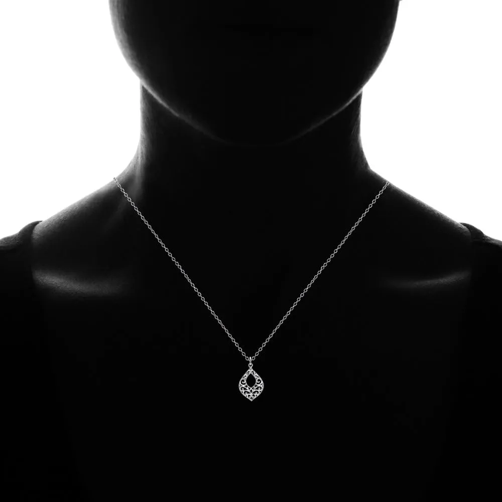 Hoops & Loops 925 Sterling Silver Diamond-cut Filigree Open Teardrop Necklace for Women, Silver, Black, Yellow & Rose Gold