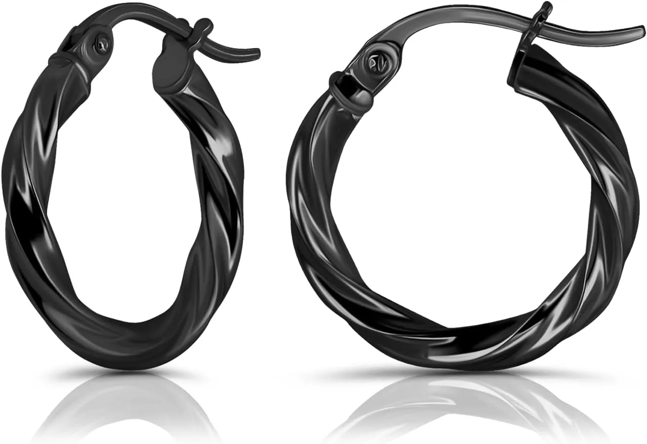 Hoops & Loops 925 Sterling Silver Hoop Earrings for Women, 14K Gold, Rose Gold Plated, Black Twisted Click-Top Round Hoop Earrings for Women, Hypoallergenic, Lightweight, High Polished Twist Design Hoops 15/20/25/30/35/40/50/60mm