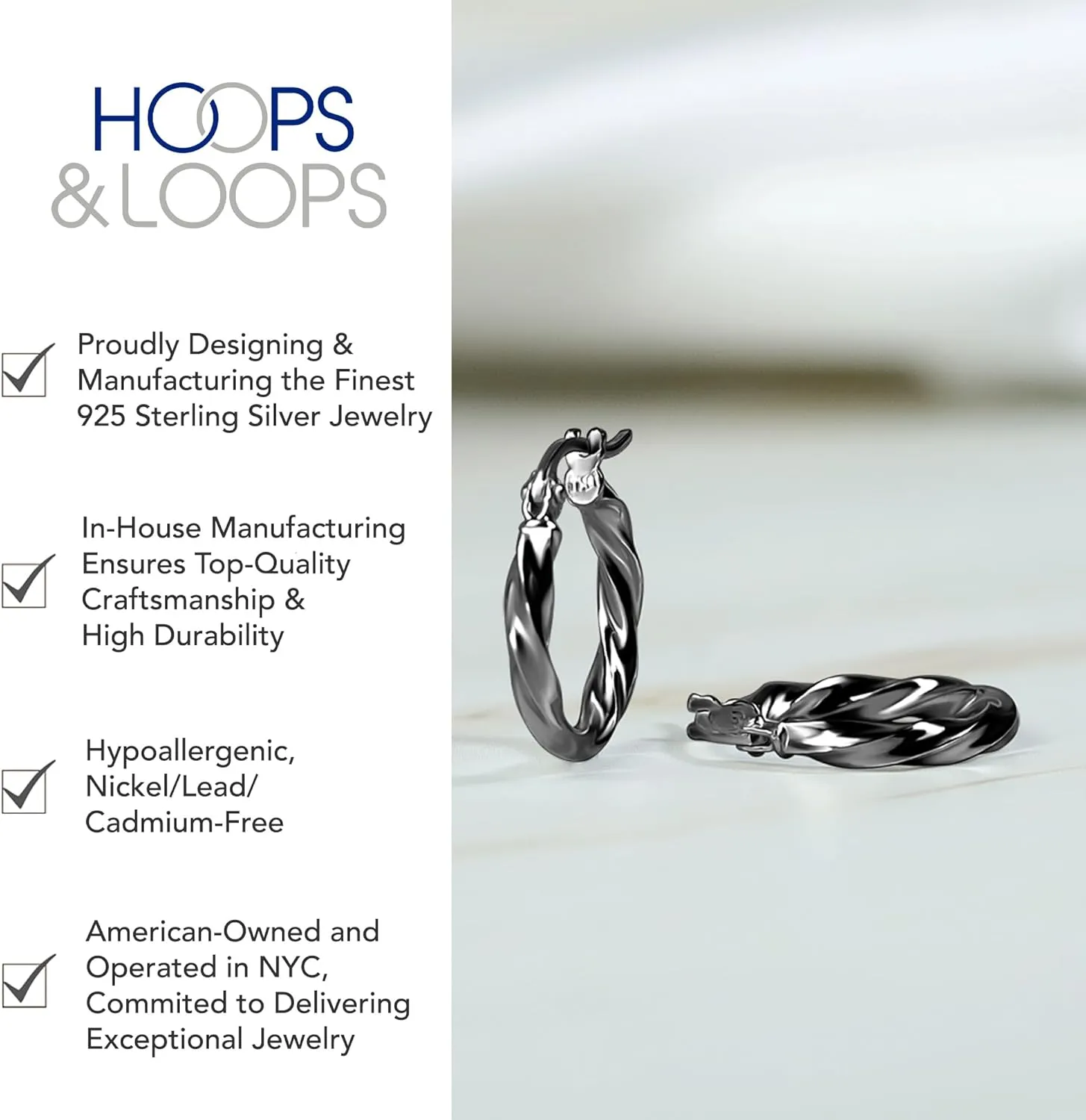 Hoops & Loops 925 Sterling Silver Hoop Earrings for Women, 14K Gold, Rose Gold Plated, Black Twisted Click-Top Round Hoop Earrings for Women, Hypoallergenic, Lightweight, High Polished Twist Design Hoops 15/20/25/30/35/40/50/60mm