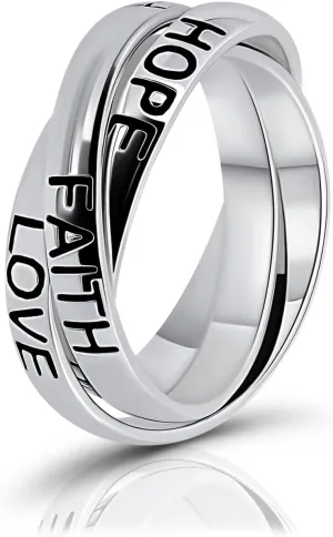 Hoops & Loops 925 Sterling Silver HOPE FAITH LOVE Inspirational Triple Interlocking Ring for Women & Men, Silver, Yellow Gold & Rose Gold