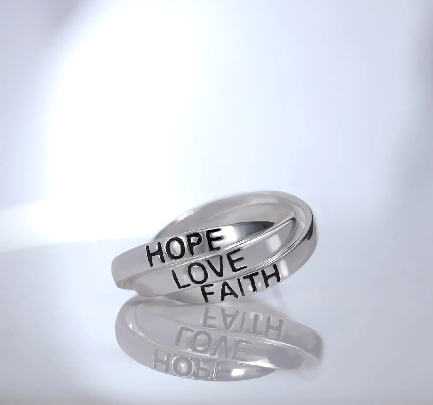 Hoops & Loops 925 Sterling Silver HOPE FAITH LOVE Inspirational Triple Interlocking Ring for Women & Men, Silver, Yellow Gold & Rose Gold
