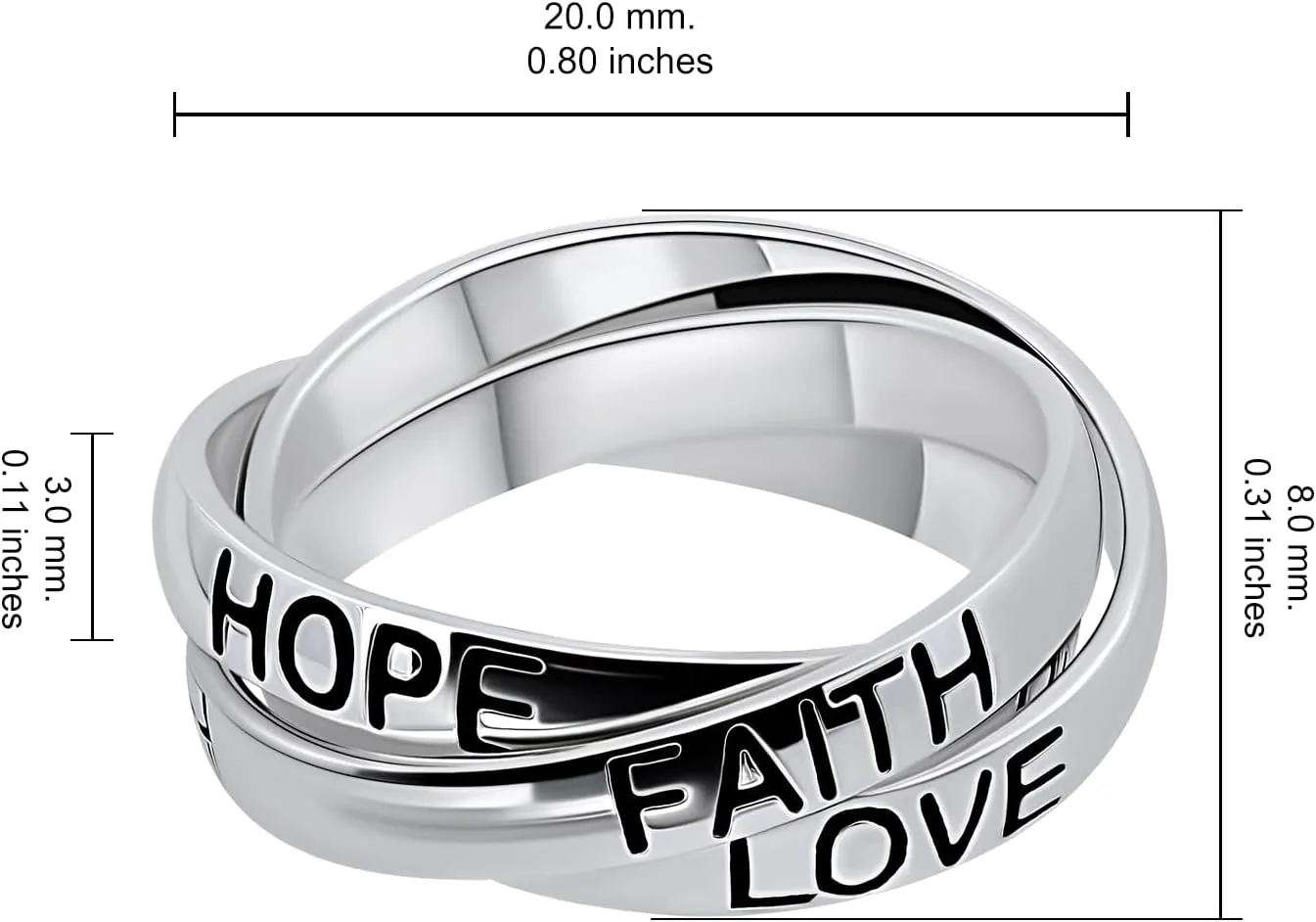 Hoops & Loops 925 Sterling Silver HOPE FAITH LOVE Inspirational Triple Interlocking Ring for Women & Men, Silver, Yellow Gold & Rose Gold