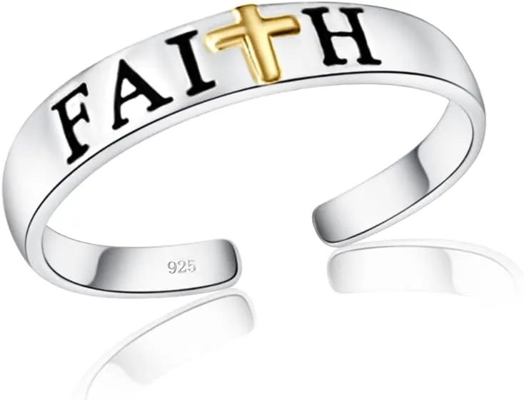 Hoops & Loops 925 Sterling Silver LOVE PEACE FAITH LUCK Inspirational Two-Tone Open Toe Ring for Women Men