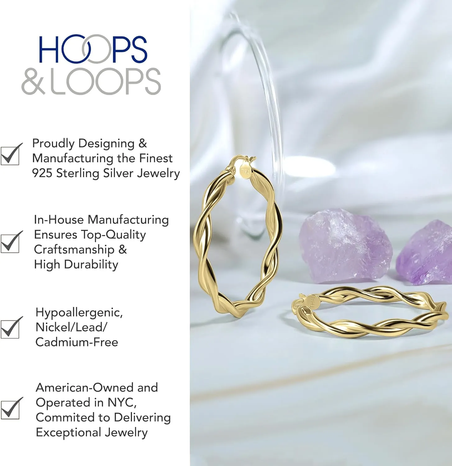 Hoops & Loops 925 Sterling Silver Twisted Hoop Earrings for Women, Silver/Gold/Rose Gold 3mm Twist Hypoallergenic Hoop Earrings 15/20/25/30/35/40mm